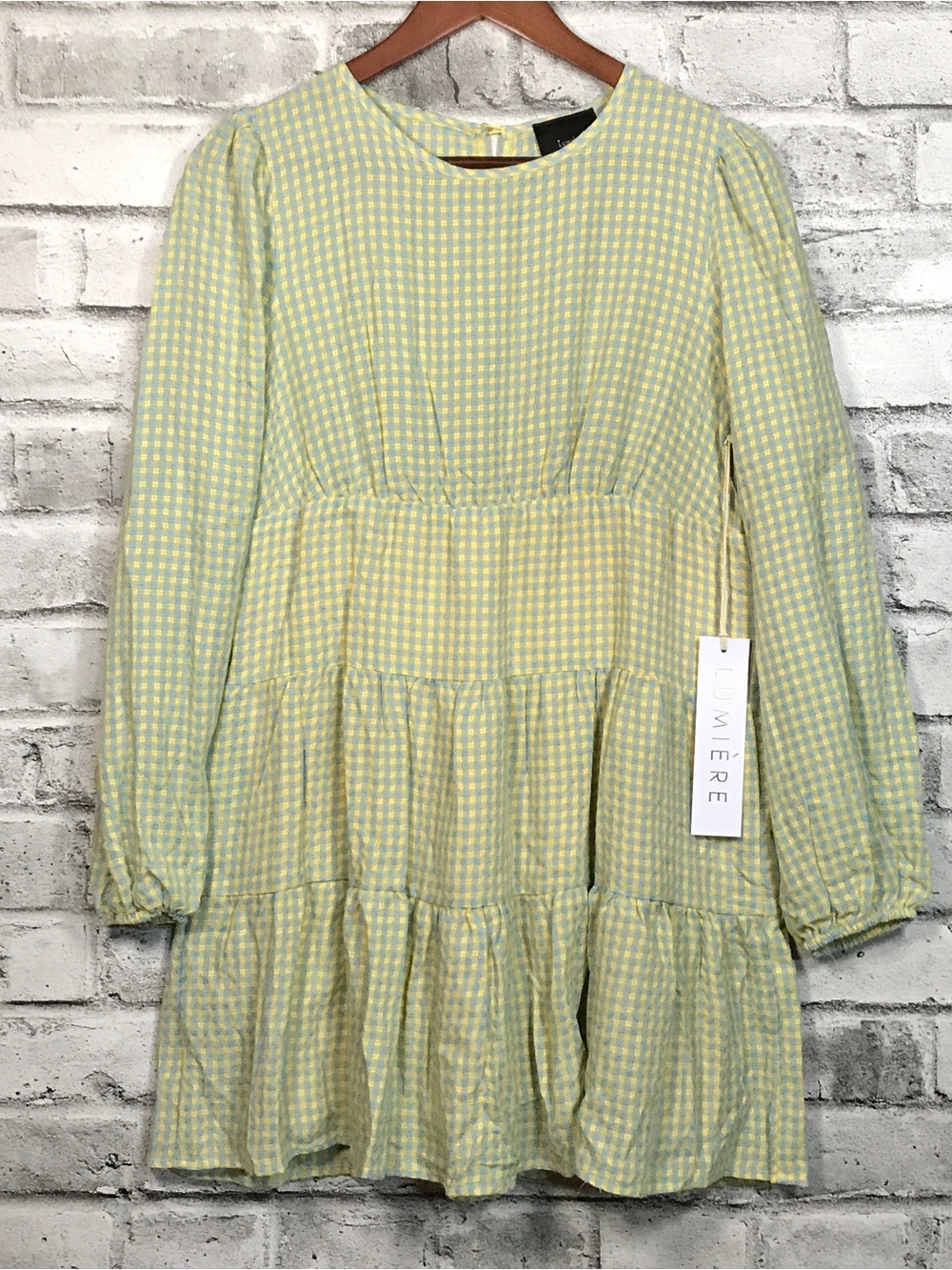NWT Lumiere Blue and Yellow Gingham Bohemian Tiered Long-Sleeve Dress. Medium